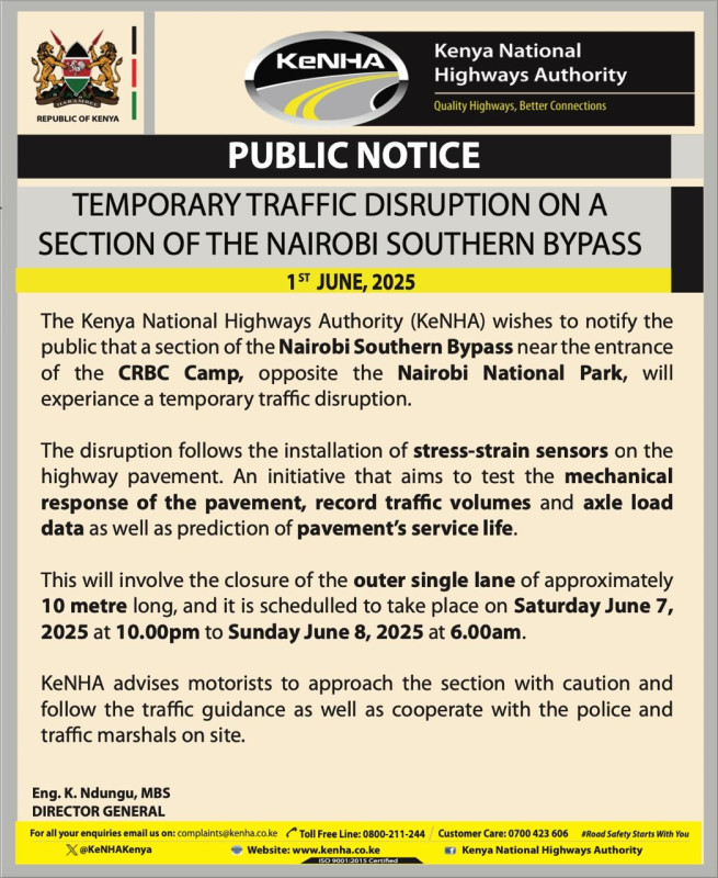 06-03 Traffic Alert: Nairobi Southern Bypass Disruption on June 7-8, 2025!