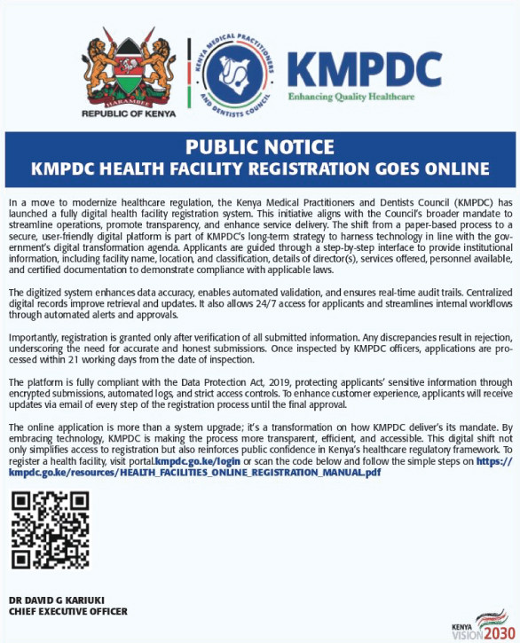 05-20 Public Notice: KMPDC Health Facility Registration Now Online