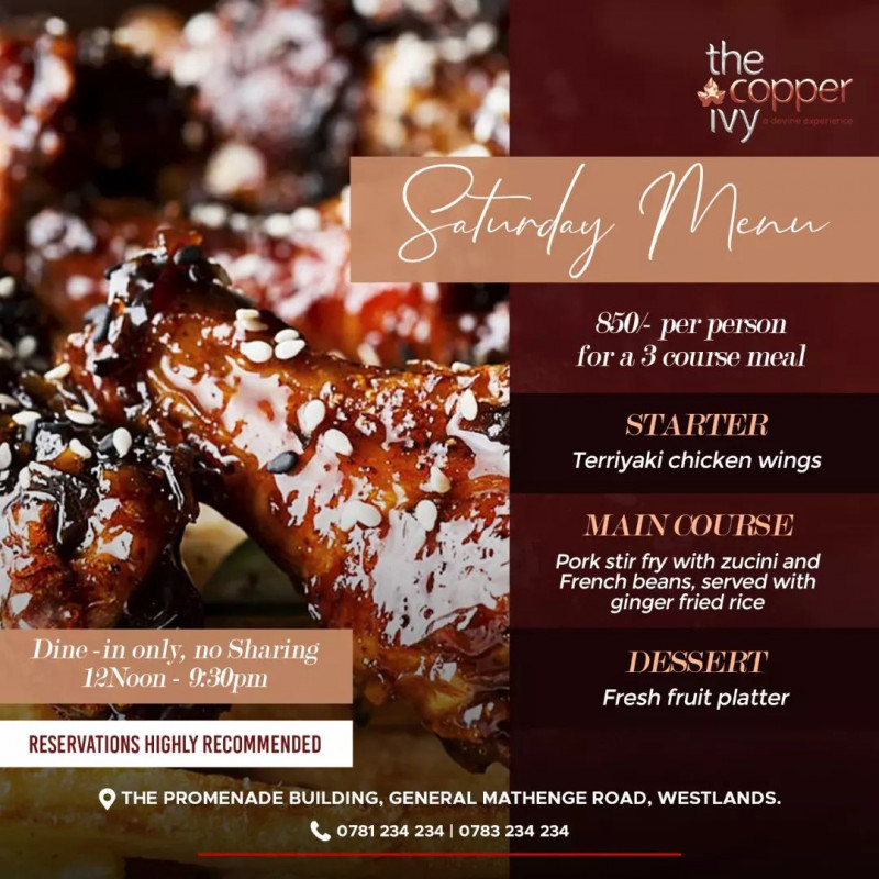 Saturday Menu The Copper Ivy Westlands