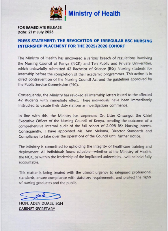 07-21 Revocation of Irregular BSc Nursing Internship Placement