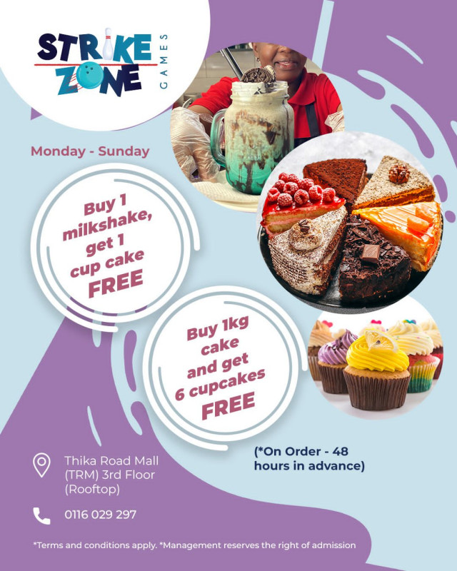 Sweet Deals at Strike Zone Games, Thika Road Mall (TRM) 3rd Floor (Rooftop)! Mon-Sun: Buy 1 milkshake, get 1 cup cake FREE! Buy 1kg cake, get 6 cupcakes FREE!