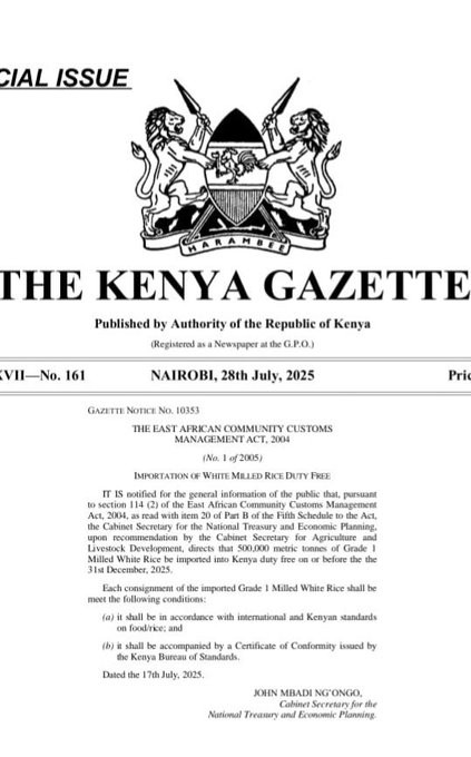 07-28 Kenya Gazette Duty-Free Rice Import Notification at Nairobi